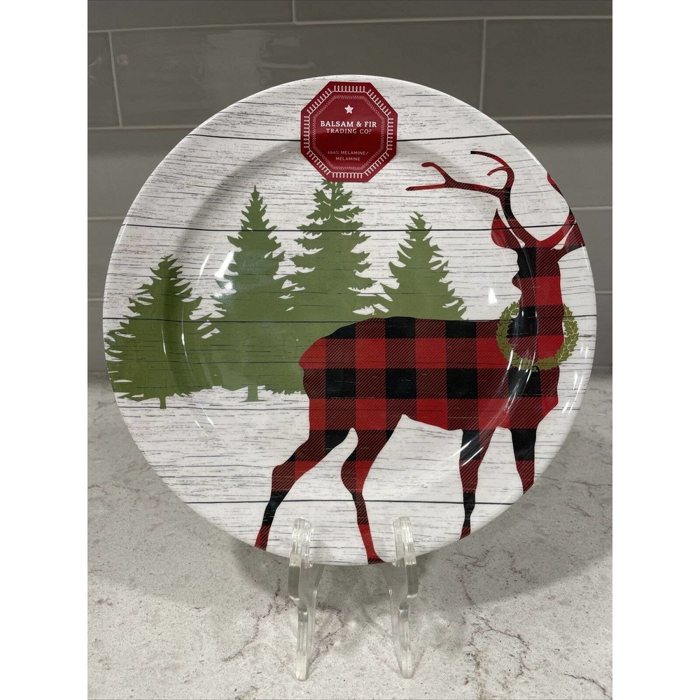 Set 2 REINDEER Balsam & Fir Christmas Dinner Plates Melamine 11”Holiday Plate
